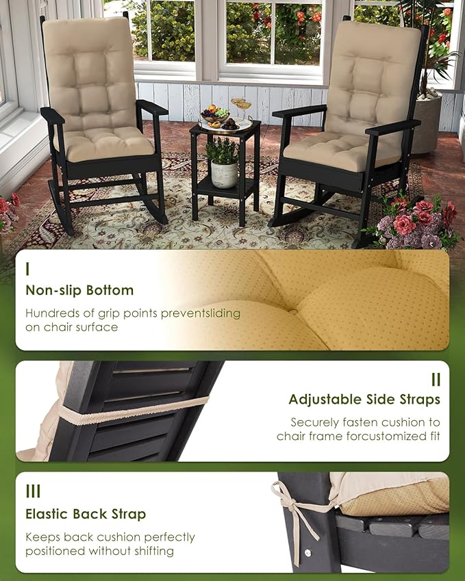 GREENVINES Rocking Chair Cushions Set of 4 | Polyester | Waterproof | Outdoor High Back Rocker Chairs Cushion | Seat with Ties | Non-Slip | Thickened Pad for Patio | 46.5" x 18.5" x 4.3" | Beige