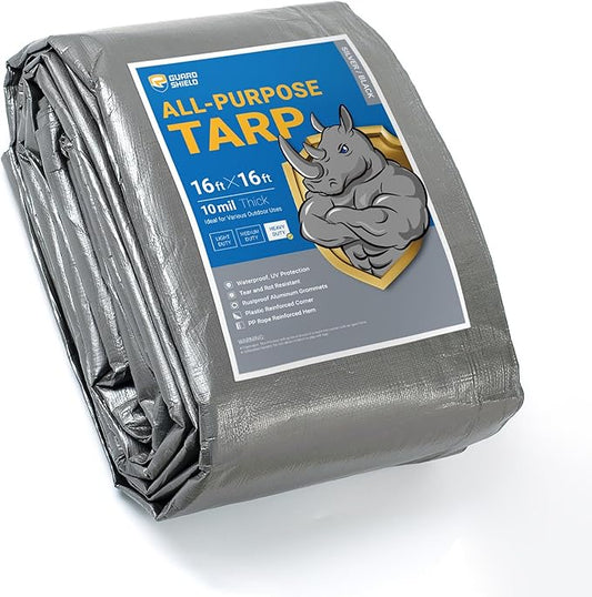 GUARD SHIELD Heavy Duty Tarp 16x16 Feet Silver/Black Multi Purpose Thick Waterproof Poly Tarp Cover 10mil
