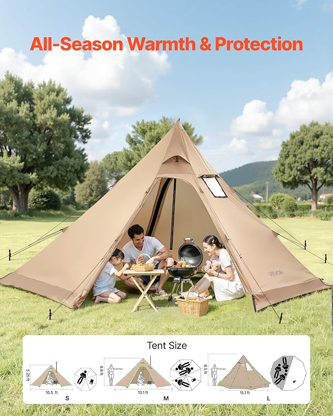 VEVOR Hot Tent, Camping Tipi Hot Tents with Stove Jack, Portable Winter Camping Tents with Snow Skirt, Easy Setup, Waterproof 4 Season Shelter Tents for Fishing Backpacking