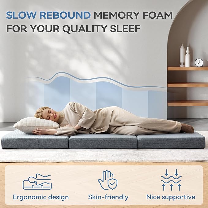 BDEUS Tri-Fold 4" Memory Foam Mattress Twin XL Portable Bed, Foldable Floor Mat for Adults & Kids, Washable CertiPUR-US Certified Cover, Lightweight for Travel/Camping/Yoga