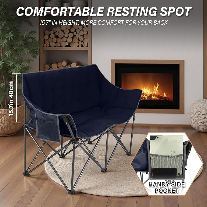 Double Camping Chairs-Padded Loveseat Camp Couch for 2 Person,Heavy Duty Sofa Folding Lawn Chair with Cushion for Backyard,Sports,Patio and Home Use,Deep Blue