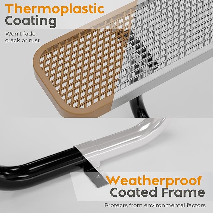 Metal Picnic Furniture for Outdoors with Umbrella Hole - Coated Steel Heavy Duty Commercial Grade Table with Adjustable Seats, Patio Set for a Lifetime (Brown, 6' Rectangular)