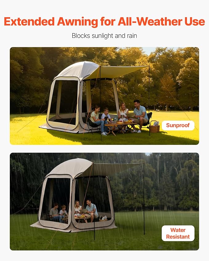 Pop Up Screen House Tent VEVOR 10 x 9.2 FT Pop-Up Screen Room with Awning, Portable Screen Tent Gazebo for 4–8 Person, Instant Screen Canopy with Carry Bag for Patio Backyard Camping