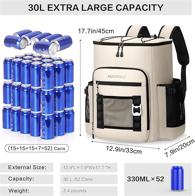 Large 52cans Waterproof Insulated Cooler Backpack for Men & Women, Leak Proof Backpack Cooler, Soft, 8Gal