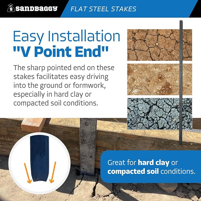 Sandbaggy Flat Steel Stakes for Concrete Forms with Nail Holes - 1.5" Wide - Painted - Removable, Reusable, V Point End - Construction Grade Stakes (10, 60 inch)