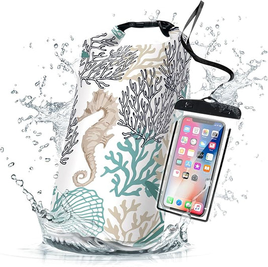 Waterproof Dry Bag,Roll Top Sea Turtle Starfish Coral Waterproof Backpack 5L/10L/20L Floating and Lightweight Bags for Kayaking, Boating, Fishing, Swimming and Camping with Waterproof Phone Case