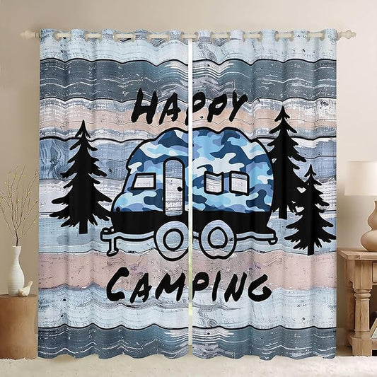 Camper Adventure Blackout Curtains,RV Trailer Pine Tree Natural Rustic Window Drapes,Wooden Plank Cottage Farmhouse Nursery Bedroom Playroom Decor,Camo Blue 2 Panels,42Wx84L inch