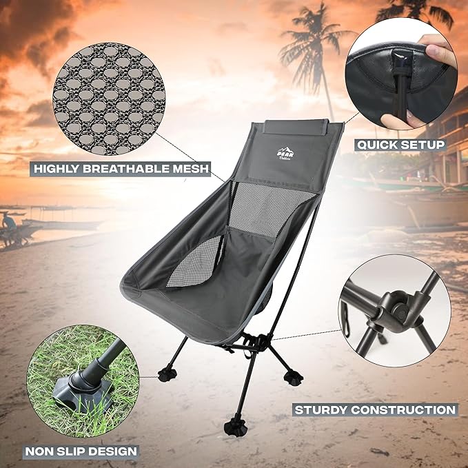 Peak Outdoors Backpacking Chair Lightweight Camping Chair – High Back Ultralight Folding Camp Chair with Storage Bag, Compact Portable Tall Hiking Chair and Beach Chair (Grey)
