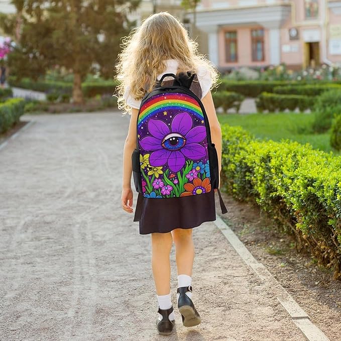 Backpack Multipurpose Anti-Theft Large Capacity Bookbag, Trippy Psychedelic Magic Eye Flower Art Travel Hiking Daypack With Side Pockets