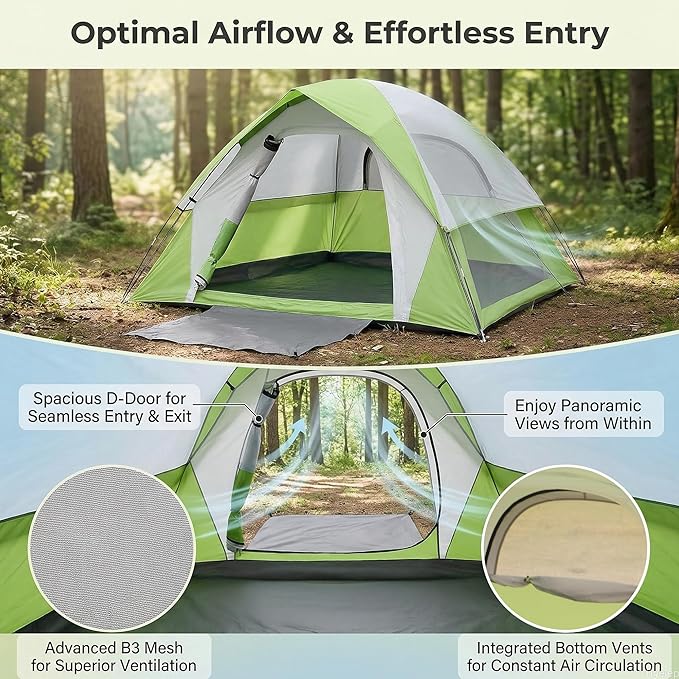 XL 4 Person Dome Camping Tent, Double Layer Waterproof, Removable Rain Fly, for Outdoor Hiking, Fishing
