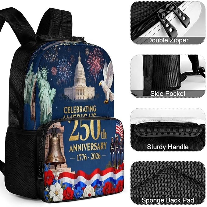 Men Women Polyester 250 Years 1776-2026 250th Birthday Eagle Liberty Art Daypack Big Capacity Shoulder Bag With Smooth Zippers for Hiking Work Walking Cycling