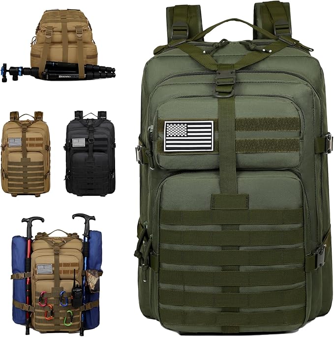Military Tactical Backpack for Men, 45L Large 3 Day Assault Pack MOLLE Bag, Waterproof Rucksack for Outdoor Hiking, Camping, Trekking & Survival, Includes American Flag Patch - Tactical Green
