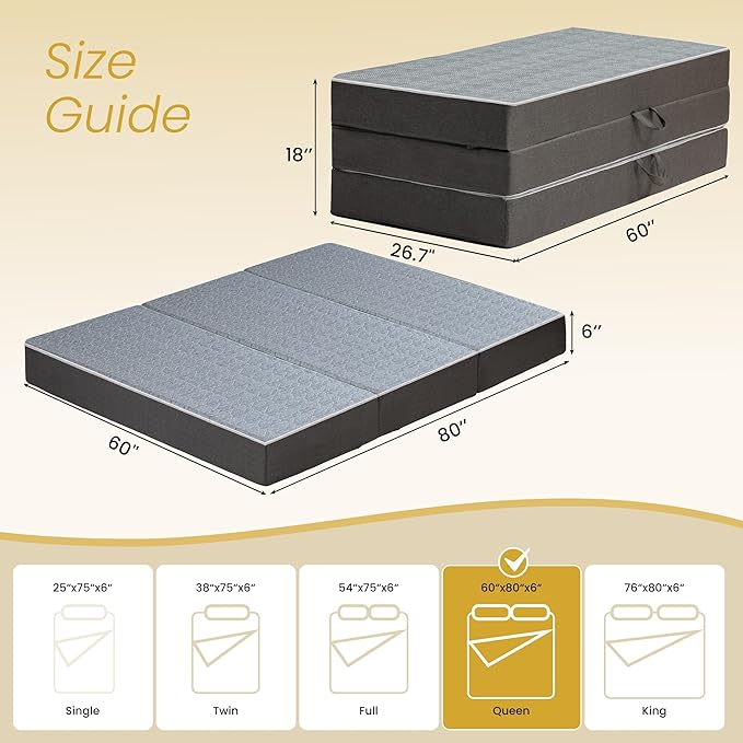 Tri Folding Mattress Queen Size - 6 Inch Dual-Layer Memory Foam Foldable Mattress Portable Floor Bed Sofa with Removable Washable Cover, Handle & Non-Slip Bottom for Travel,RV,Camping,Guest,Yoga