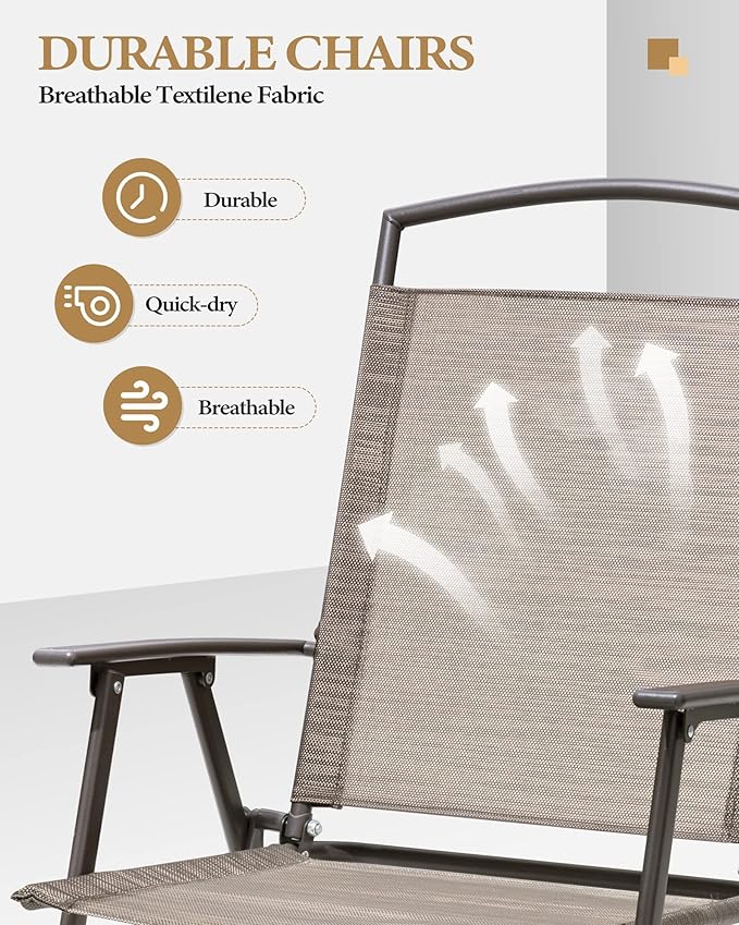Crestlive Products Patio Folding Chairs Set of 2, Outdoor Folding Chairs with Durable Rust-Resistant Frame and Breathable Textilene Material for Outside, Beige