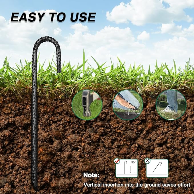 12 Inch Rebar Stakes Heavy Duty, 6 Pack Garden Stake J-Hook, Electrostatic Rust Proof Metal Stakes for Tent, Landscape,Outdoor Decorations, Fabric Ground Cover, Tube Fixing (Black, J-12in-6pc)