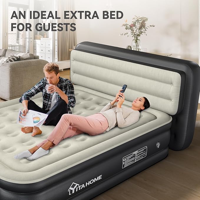 YITAHOME Queen Size Air Mattress with Pump and Banded Headboard, 18in Luxury Flocked Top Blow up Mattress, Durable Inflatable Mattress for Home & Guests, Black AirBed