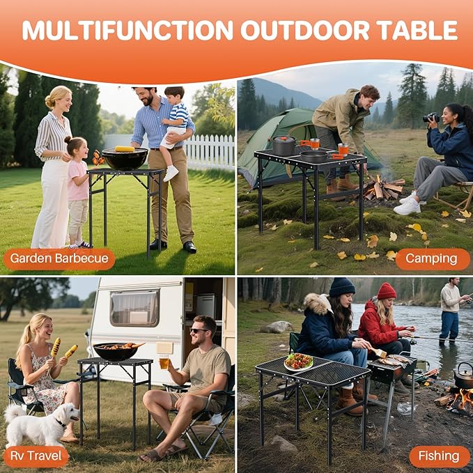 FUNYKICH Folding Grill Table for Outside(23''x16''), Max Height 29.4'' Portable Camping Tables(3 Adjustable Height), Lightweight Aluminum BBQ Table with Portable Handle for Camping, Picnic, BBQ, Black