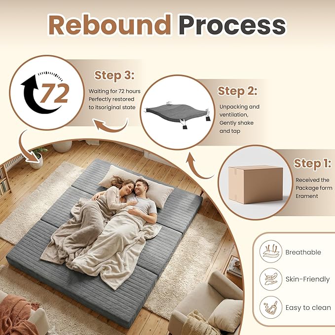 6-Inch Tri-Fold Mattress Queen Size, Covertible Bed Floor Futon Mattress with Handles & Non-Slip Bottom, Foldable Mattress with Removable Tufted for Guest, Camping, Dorm