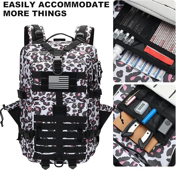 45L MOLLE Assault Backpack, Tactical Backpack Military Army Camping Rucksack with Bottle Holder, 3-Day Pack Trip w/USA Flag Patch, D-Rings, Leopard
