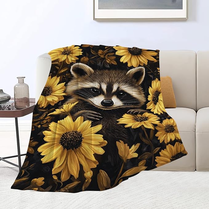 Raccoon Blanket Cute Raccoon Lover Floral Animal Throw Blankets Gifts for Girls Boys Kids Soft Cozy Fleece Plush for Couch Sofa Bed 80"x60"
