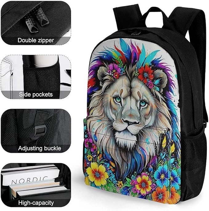 Backpack Polyester Multipurpose Anti-Theft Colorful Lion Of King Flowers Floral Shoulder Bag Big Capacity Gym Outdoor Hiking Backpack With Padded Straps