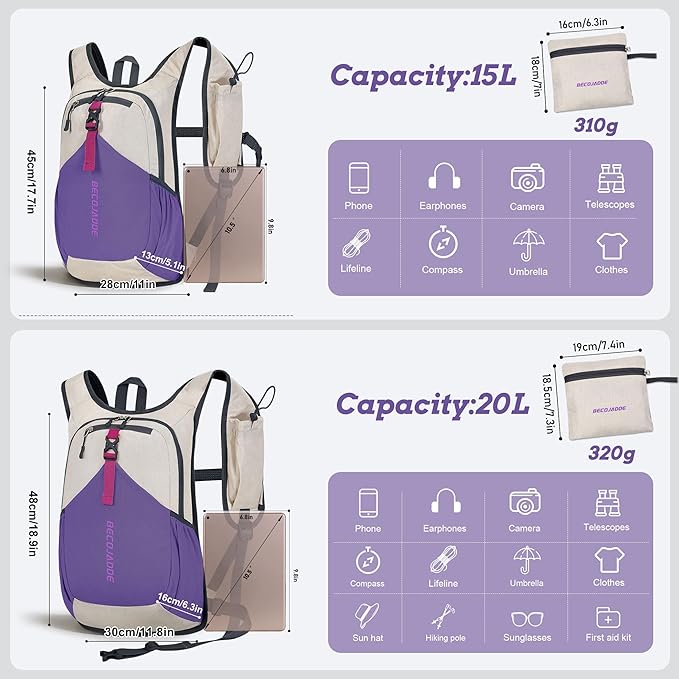 15L Small Hiking Backpack for Men Women Foldable Packable Back Pack Ultralight Hiking Daypack for Travel Camping Outdoor, Beige Purple