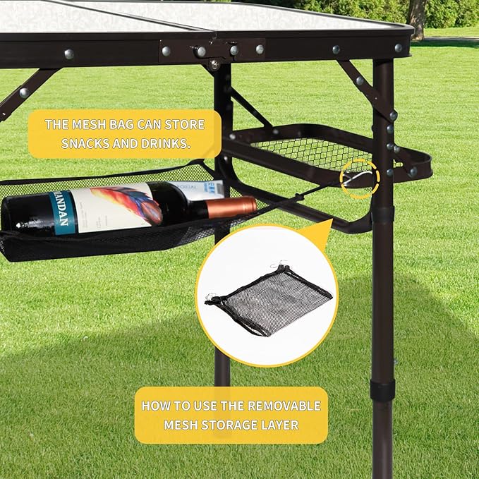 Folding Camping Table Outdoor Indoor Picnic BBQ Aluminum Lightweight Tall Camping Table 3-Height Adjustable 25in Max 50 Extra Space with Carry Handle & Mesh Pocket Small Foldable Table