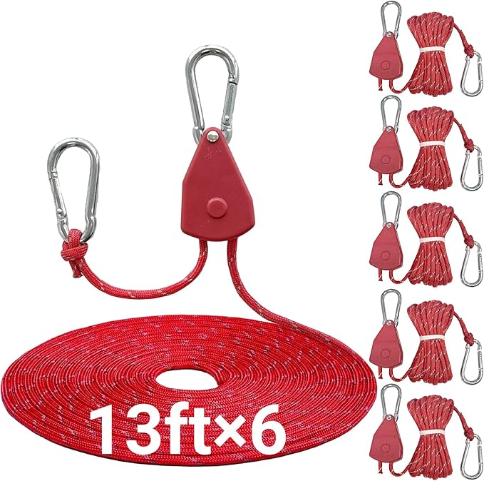 13ft Adjustable Outdoor Windproof Rope Ratchet Strap Tie Down Straps Small Mini Reflctive Paracord Rope Tent Hanger Grow Light Kayak 5/32" Red 6 Pack