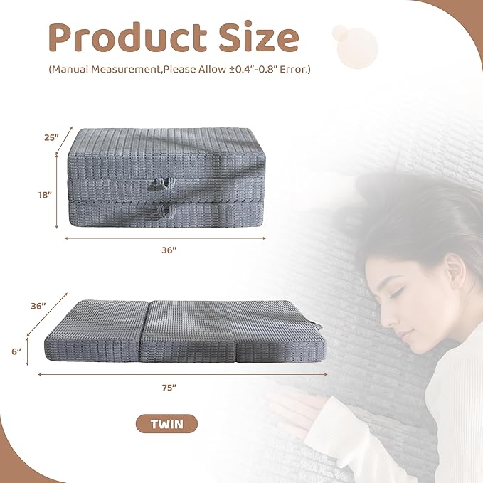 BYBYME Memory Foam Tri-Folding Mattress, 6 Inch Gel Folding Mattress Topper, Foldable Soft Guest Bed Camping Pad, with Washable Cover