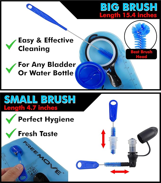 Hydration Bladder Cleaning Kit 6in1 - Clean and Maintain 2L and 3L Water Bladders with Ease - Includes 3 Brushes, Drying Hanger, Carry Bag & 2 Cleaning Tablets For Any Camelback Water Pack Backpack