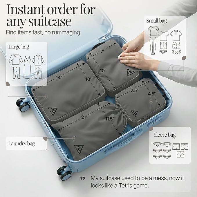 4-Piece Luxury Compression Packing Cubes & Bags for Travel – Maximize Space in Luggage with HybridMax Double-Capacity Design, 50 Luggage Tags, Patented Suitcase Organizer Bags, Lifetime Satisfaction