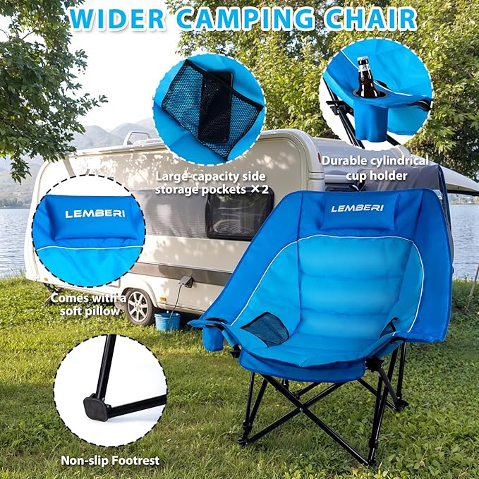 Outdoor Oversized Camping Chair, Heavy Duty Support 500 LBS for Adults, Portable Folding Wide Lawn Chair with Headrest Support and Cup Holder, Low Camping Chair for Fishing, Garden, Blue