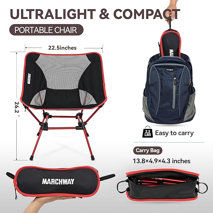MARCHWAY Ultralight Folding Camping Chair, Heavy Duty Portable Compact for Outdoor Camp, Travel, Beach, Picnic, Festival, Hiking, Lightweight Backpacking (Red)