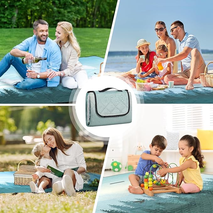 Picnic Blanket Waterproof Extra Large 79”x79” 210D Oxford Outdoor Blanket for Grass Portable Sand Proof Beach Blanket for 6-8 Adults, Morning Forest