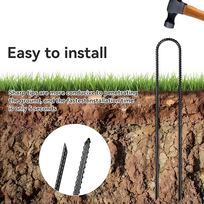 Trampoline Ground Anchors 24-Inch Heavy Duty U Rebar Stakes for Trampoline, Dog Fence, Black Antirust Coated (16 Pcs)