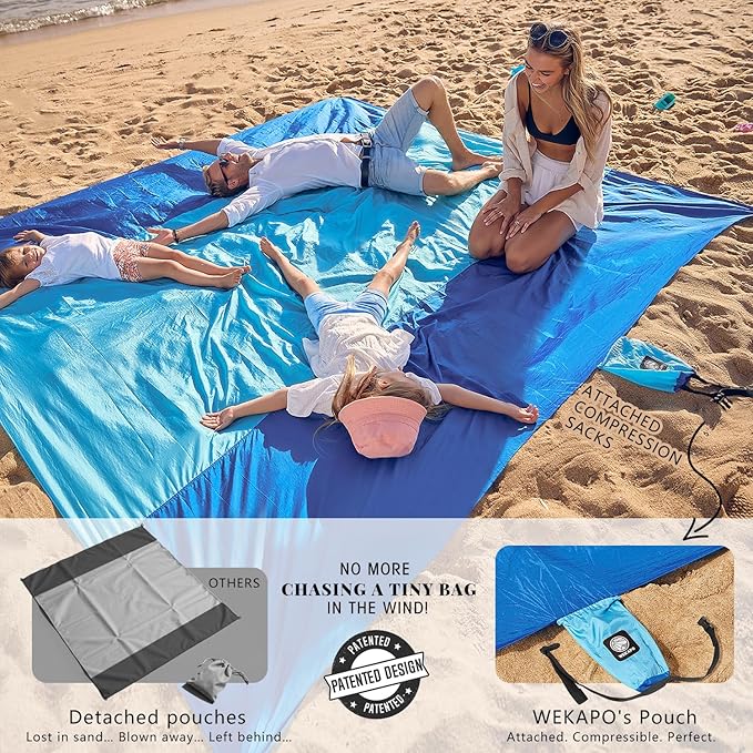 WEKAPO Beach Blanket Sandproof Waterproof, Extra Large Beach Mat, Oversized & Compact Sand Free Mat Quick Drying, Lightweight & Durable with Stakes & Corner Pockets