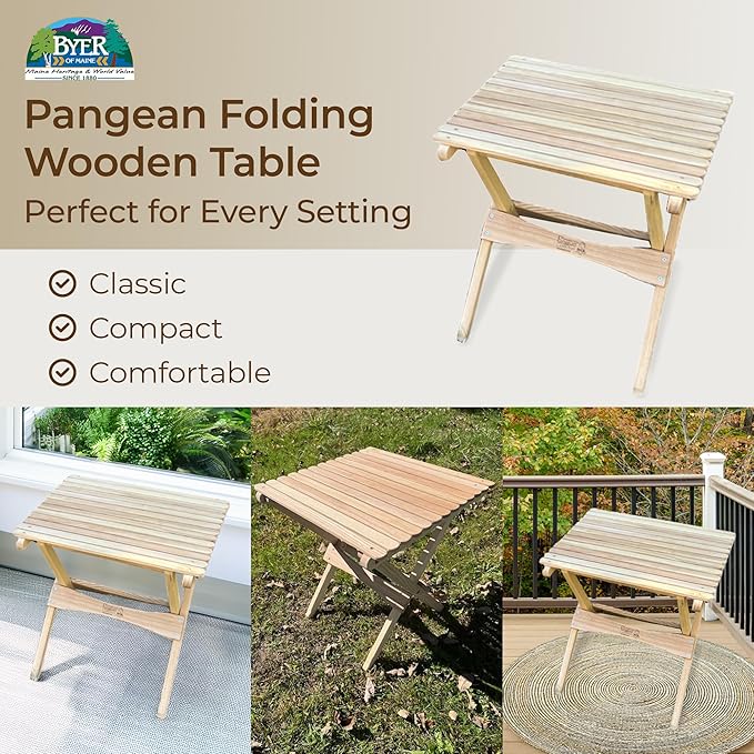 BYER OF MAINE Pangean Folding Wooden Side Table – 22" L x 20" W x 20" H, Folding Ash Wood Table for Patio, Porch, Balcony, Camping & Garden Use