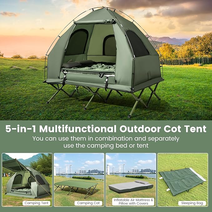 KOTEK 5-in-1 Tent Cot with Air Mattress, Sleeping Bag, Pillow, Canopy, Zippered Mesh Windows & Carry Bag, Elevated Tent for Camping, Hiking, Traveling, Picnic