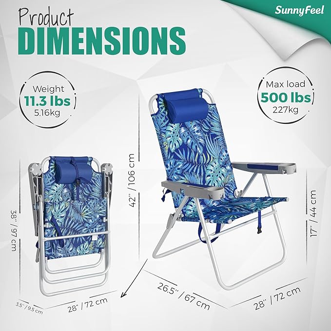 SUNNYFEEL 17" Tall Oversized Beach Chairs 2 Pack for Adults Heavy Duty 500 LBS, 5 Position, Portable High Folding Camping Chair with Cup Holder for Outdoor/Lawn/Trip, Foldable Sand Chairs for Adults