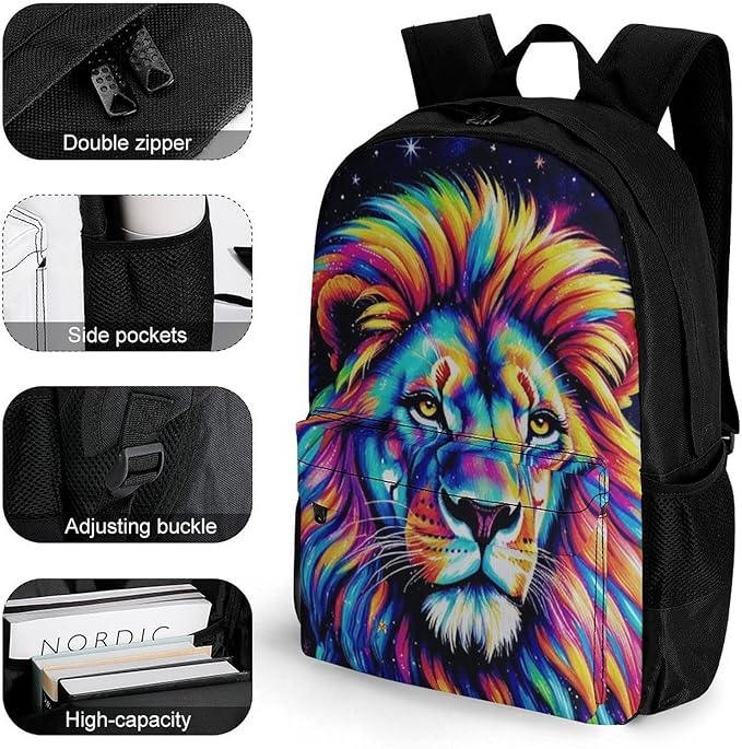 Daypack Lightweight Multipurpose Anti-Theft Galaxy Lion Art Shoulder Bag Large Capacity Laptop Book Bag Rucksack With Adjustable Shoulder Straps