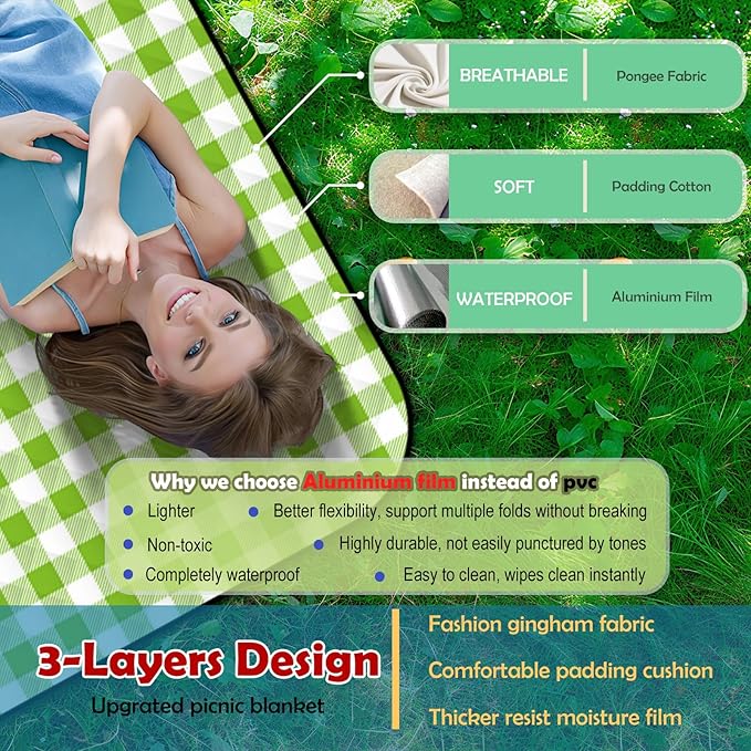 Picnic Camping Blankets, 3 Layers Thick Soft Gingham Blanket, Large 59X79IN Foldable Waterproof Rug, Portable Outdoor Mat for Beach Grass Hiking Park Travel, Sandproof, Machine Washable-Green