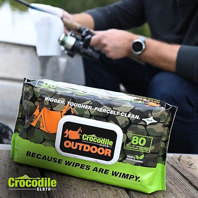 Crocodile Cloth Outdoor Cleaning Wipes – 80 Count Plant-Based Cloths (15"x10"), Skin Safe, Pre-Moistened, Aloe & Vitamin E Infused, Large, Absorbent, Multi-Surface Disposable Wipes