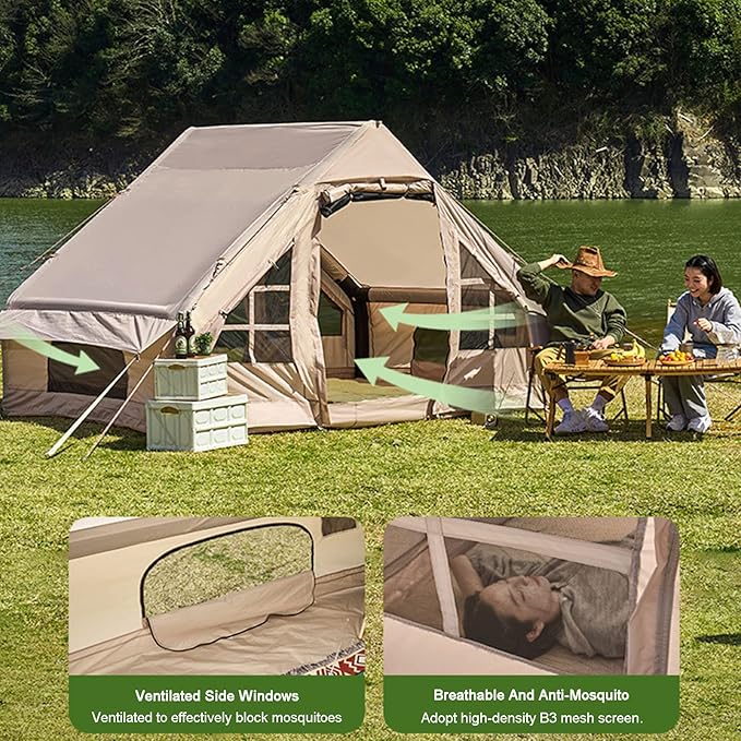 GeRRiT Inflatable Camping Tent with Pump, Large Outdoor Yurt Tents for Camping Waterproof Easy Setup - Canvas Hot Tents 4-8 Person Air Blow Up Tent Cabin - 4 Season Family Glamping Tents