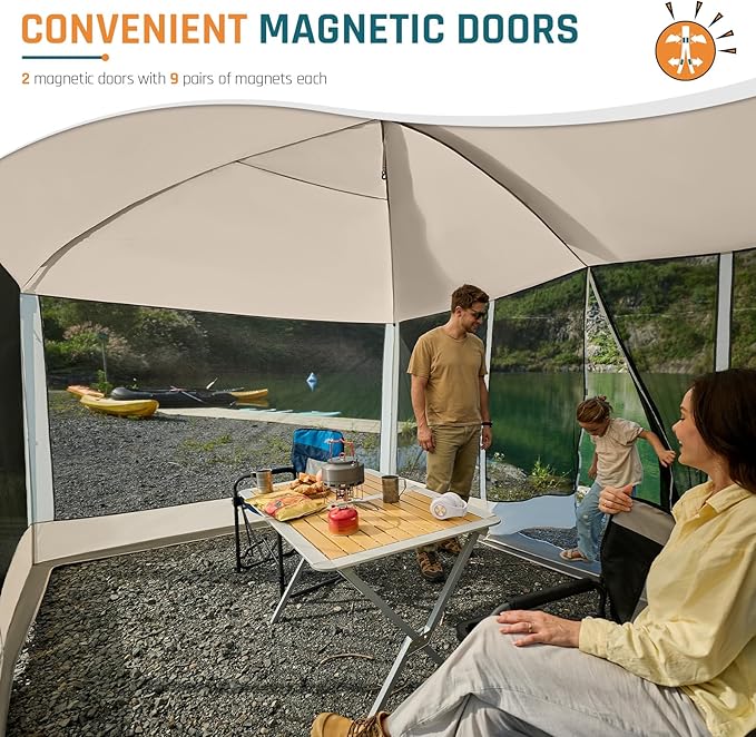 Magnetic Screen House Tent 13x9ft Screen Room Mesh Gazebos w/ 2 Magnetic Doors, Included Projection Screen, Camping Tent Screened Canopy Shelter for Outdoor Patios Backyards Activities (Beige)