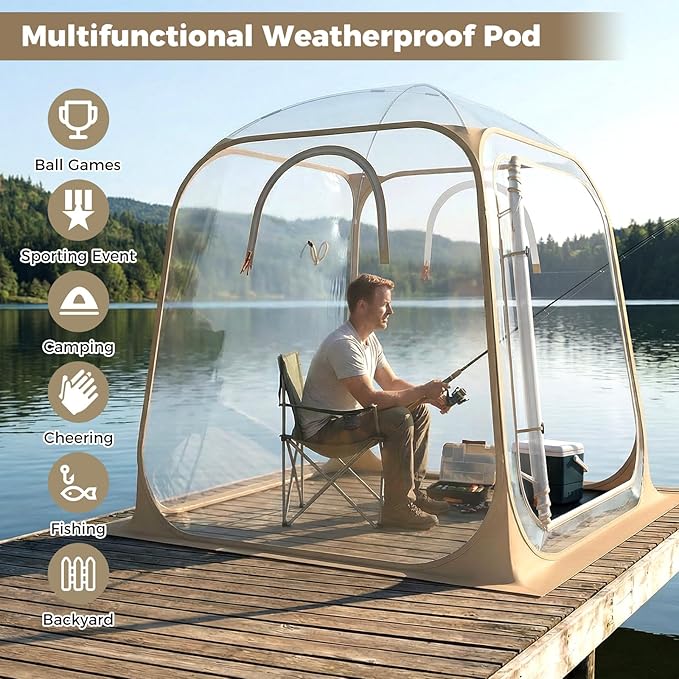 Tangkula All Weather Sports Tent for 2-4 People, 7x7 Ft Pop Up Outdoor Clear Bubble Tent with Waterproof Tarp Floor, Stakes, Wind Ropes, Sandbags, Carrying Bag for Sports Fishing Camping Cheering