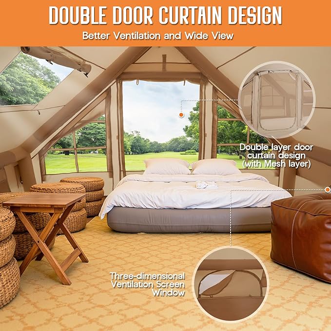 SPECRAFT Canvas Bell Yurt Tents & Inflatable Tent for Camping, Waterproof Glamping Tent with Stove Jack, Breathable Mesh, Snowproofing Spacious 4-Season Family Shelter for Outdoor, Camping, Parties