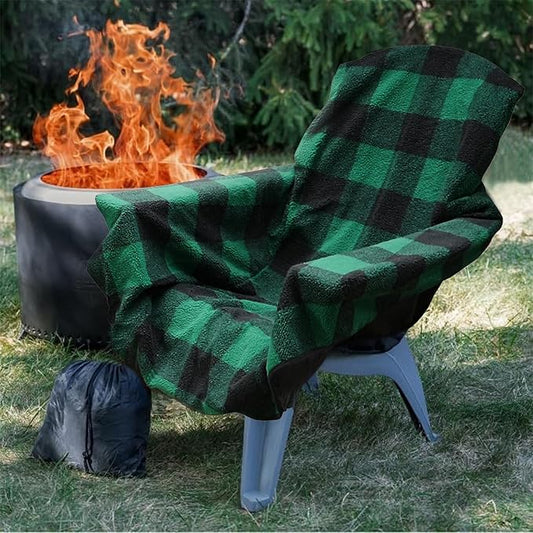 The Chair Blanket – Reversible, Waterproof & Sherpa-Lined - Stretchable Elastic Back - Original Patio Chair Cover – Ideal for Homes and Outdoor Furniture- with Carry Pouch (Green Plaid)