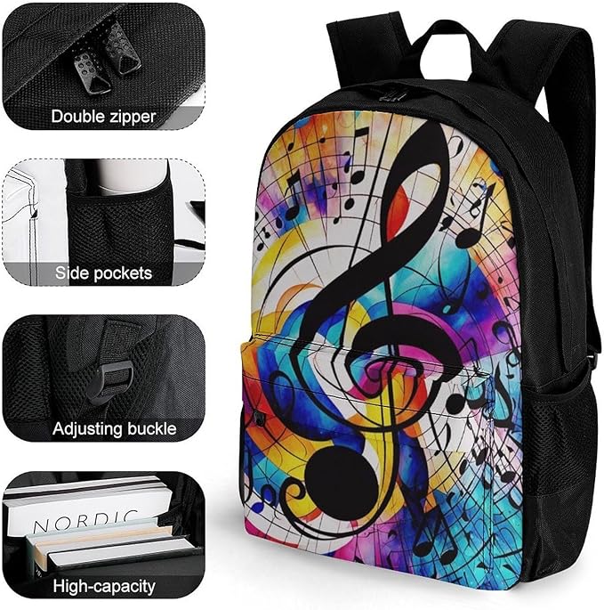 Supdreamc Men Women Lightweight Abstract Music Notes Colorful Casual Daypack Large Capacity Bookbag With Adjustable Shoulder Straps for Gym Business Bicycle