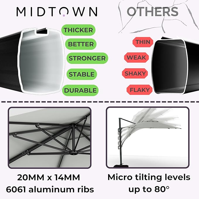 Midtown Umbrellas 10 Ft Outdoor Cantilever Patio Umbrella w/Terylast Matter Grey Fabric - Rotate Tilt 360° Offset Patio Umbrella, Deck Patio Umbrella, Backyard Umbrella & Garden Umbrella - Black Frame
