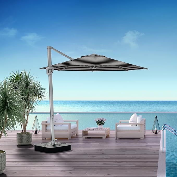 Midtown Umbrellas 10 Ft Outdoor Cantilever Patio Umbrella w/Sunbrella Black & White - Tilt 360° Rotate Offset Patio Umbrella, Deck Patio Umbrella, Backyard Umbrella & Garden Umbrella - Silver Frame